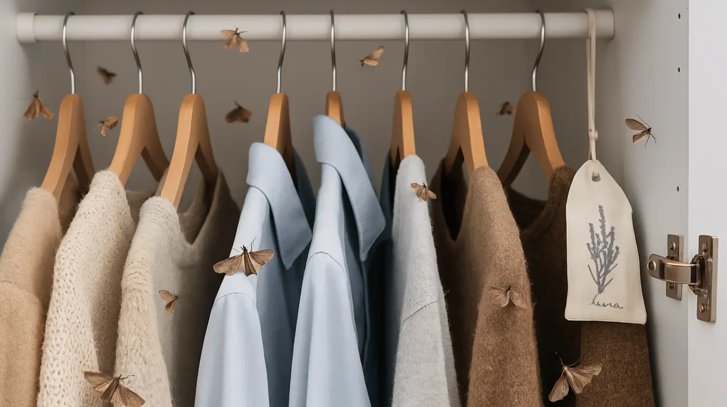 Kleidermotten fliegen verstreut in einem Kleiderschrank und sitzen auf den Klamotten