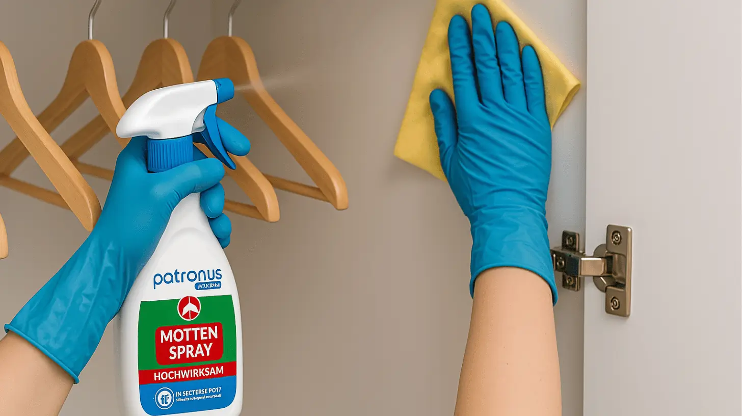 Kleiderschrank wird mit Anti Motten Spray von Patronus gereinigt